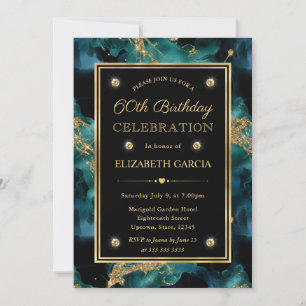 Elegant Teal and Gold Glitter Ink 60th Birthday Invitation