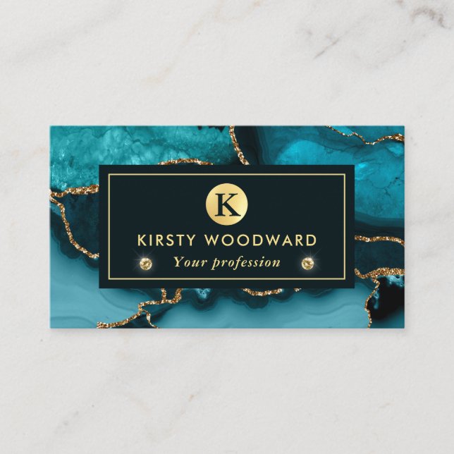Elegant Teal and Gold Glitter Marble Agate Business Card (Front)