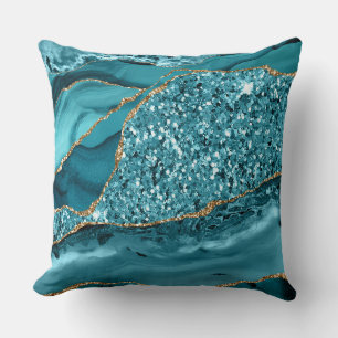 Elegant Teal and Gold Glitter Ocean Agate Cushion