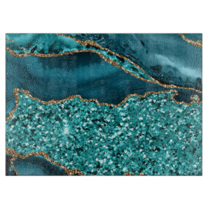 Elegant Teal and Gold Glitter Ocean Agate Cutting Board