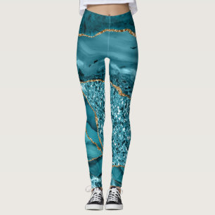 Elegant Teal and Gold Glitter Ocean Agate Leggings