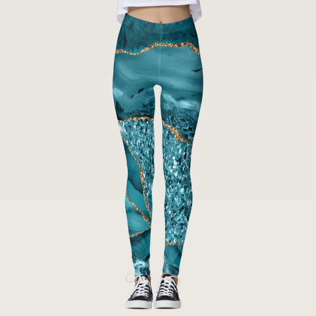 Elegant Teal and Gold Glitter Ocean Agate Leggings (Front)