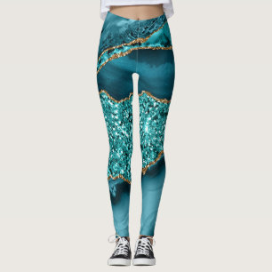 Elegant Teal and Gold Glitter Ocean Agate Leggings