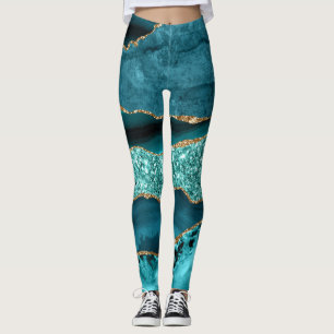 Elegant Teal and Gold Glitter Ocean Agate Leggings