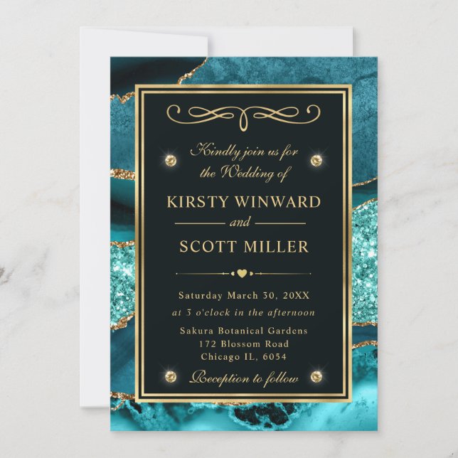 Elegant Teal and Gold Glitter Ocean Agate Wedding Invitation (Front)