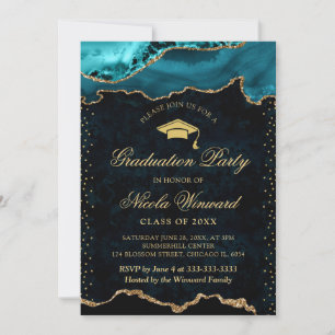Elegant Teal and Gold Marble Agate Graduation Invitation