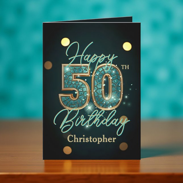 Elegant Teal and Gold Metallic 50th Birthday Card (Creator Uploaded)