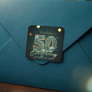 Elegant Teal and Gold Mosaic 50th Birthday Party Square Sticker