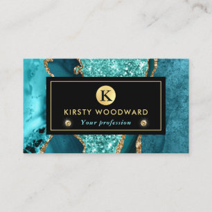 Elegant Teal and Gold Ocean Glitter Agate Business Card