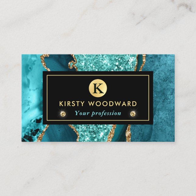 Elegant Teal and Gold Ocean Glitter Agate Business Card (Front)