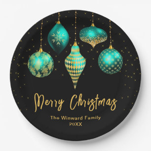 Elegant Teal and Gold Ornament Christmas Paper Plate