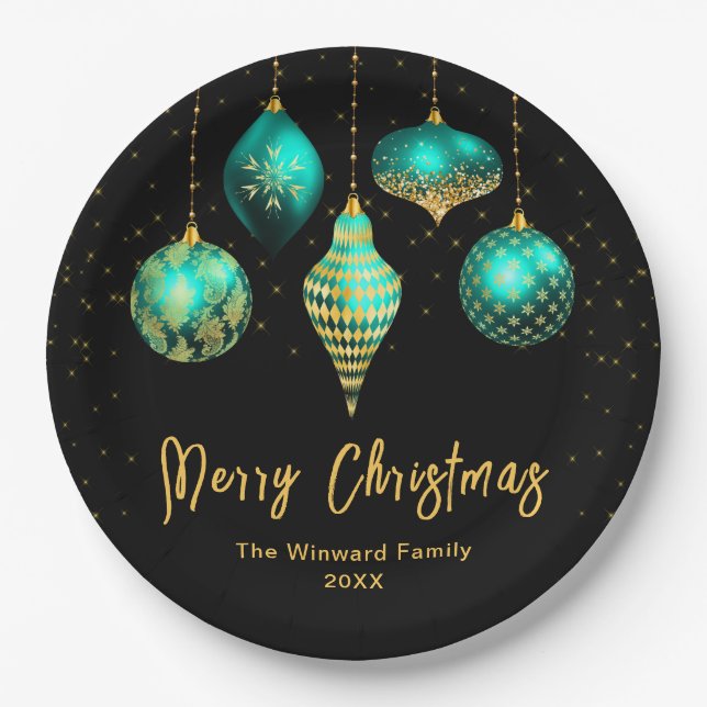 Elegant Teal and Gold Ornament Christmas Paper Plate (Front)