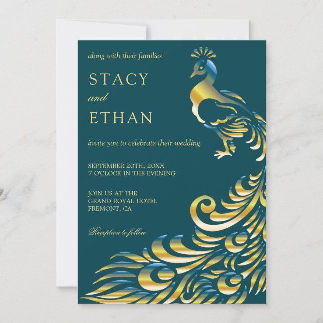 Elegant Teal and Gold Peacock Wedding Invitation (Front)