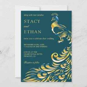 Elegant Teal and Gold Peacock Wedding Invitation