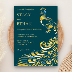 Elegant Teal and Gold Peacock Wedding Invitation