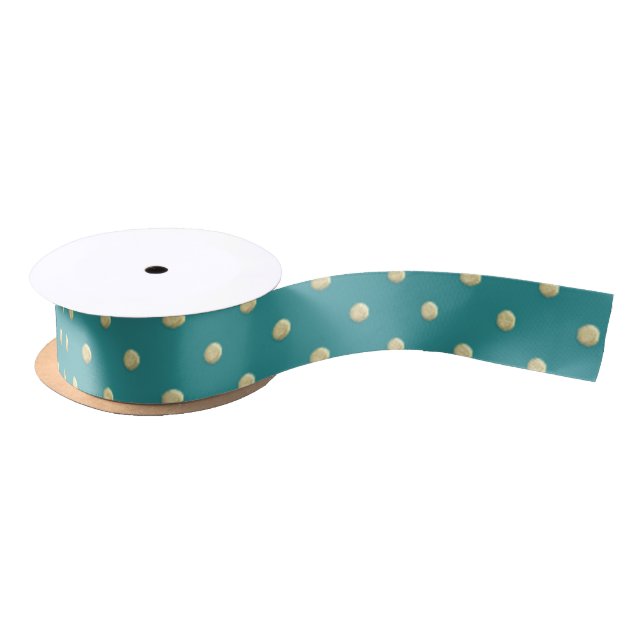 Elegant Teal and Gold Polka Dots Pattern Christmas Satin Ribbon (Spool)