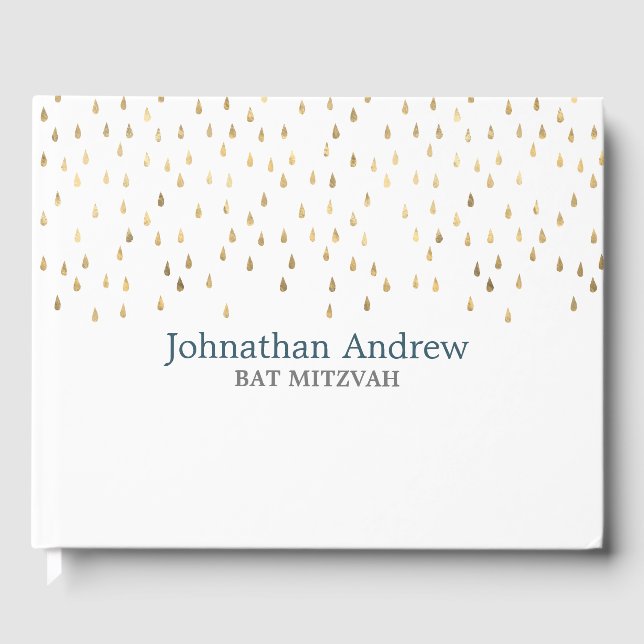 Elegant Teal and Gold Raindrops Bar Mitzvah Guest Book (Front)