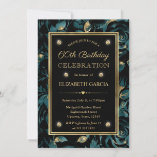 Elegant Teal and Gold Rose Floral 60th Birthday Invitation