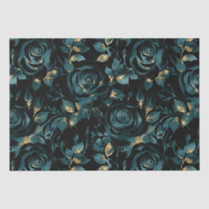 Elegant Teal and Gold Rose Floral Pattern Tissue Paper