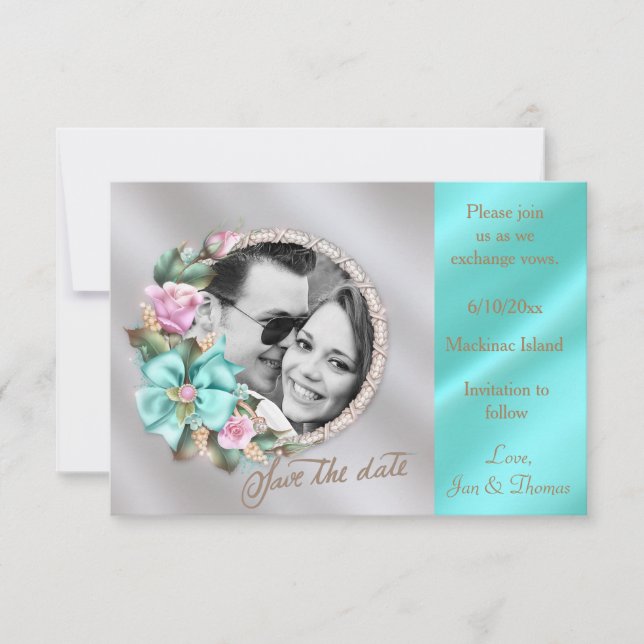 Elegant Teal and Gold Silver Photo Save the Date (Front)