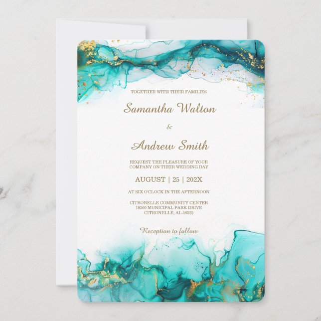 Elegant Teal and Gold Wedding Invitation (Front)