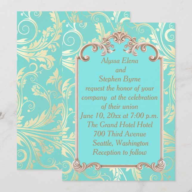 Elegant Teal and Gold Wedding Invitation (Front/Back)