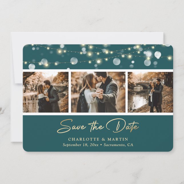 Elegant Teal and Gold Wedding Photo Save The Date (Front)