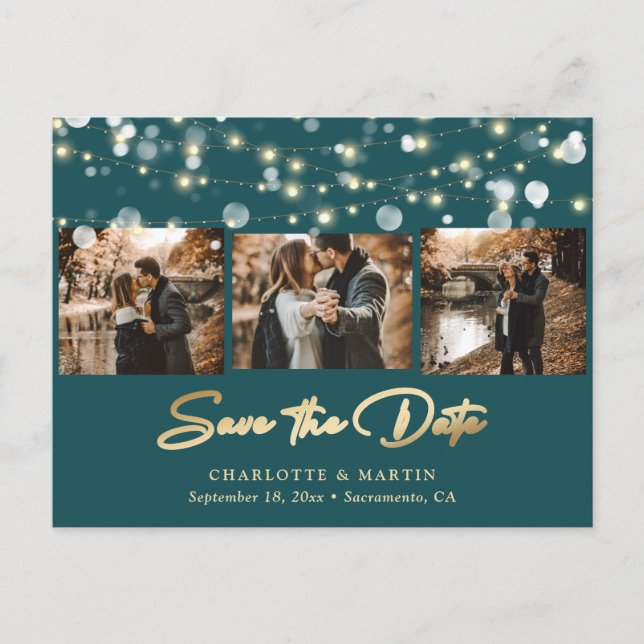 Elegant Teal and Gold Wedding Photo Save The Date Announcement Postcard (Front)