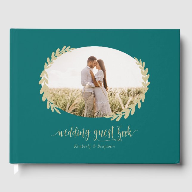 Elegant Teal and Gold Wreath Wedding Photo Guest Book (Front)
