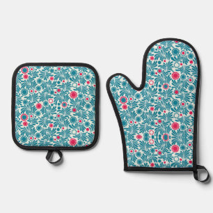Elegant Teal and Magenta Foliage Pattern Oven Mitt & Pot Holder Set