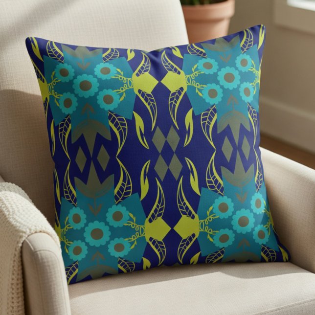 Elegant Teal And Navy  Cushion (A fun mix of teal, green, and yellow for a fresh look. It's modern yet chic.)