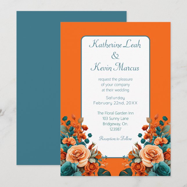 Elegant Teal and Orange Floral  Invitation (Front/Back)