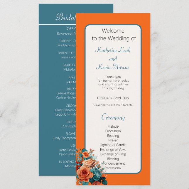 Elegant Teal and Orange Floral Wedding Ceremony (Front/Back)