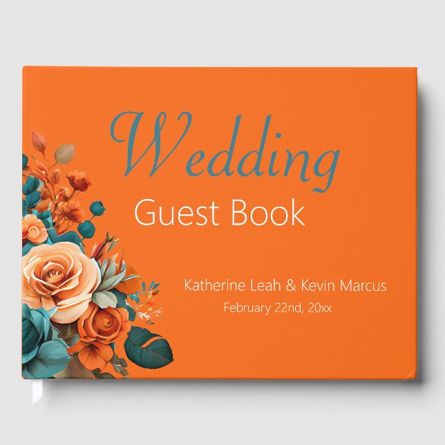 Elegant Teal and Orange Floral Wedding  Guest Book (Front)