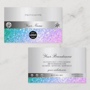 Elegant Teal and Pink Glitter Logo Luminous Silver Business Card