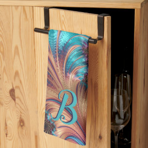 Elegant Teal and Purple Fractal Feather Initial Tea Towel