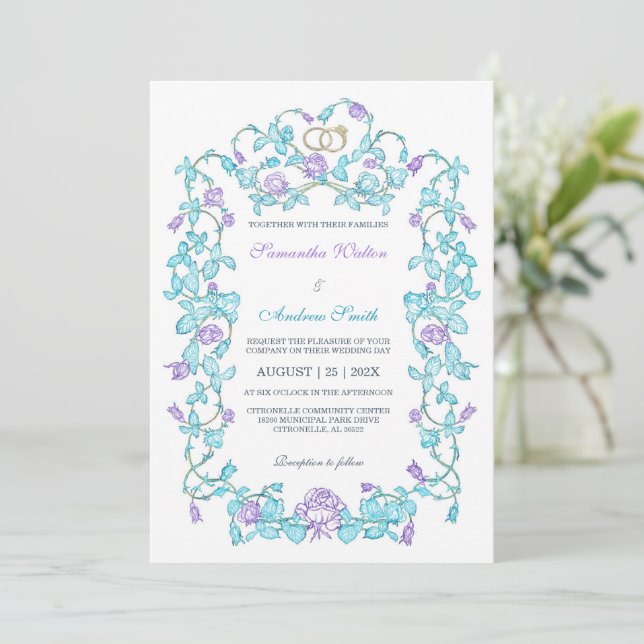 Elegant Teal And Purple Wedding Invitation (Standing Front)