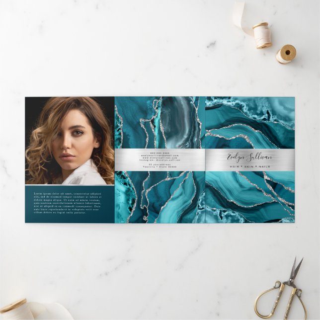 Elegant Teal and Silver Agate Trifold Brochure (Outside)