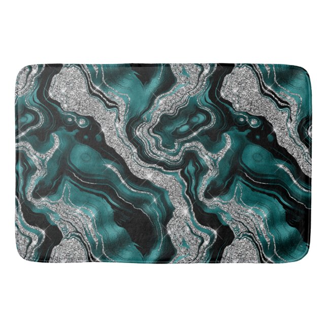 Elegant Teal and Silver Glitter Agate Pattern Bath Mat (Front)