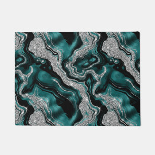 Elegant Teal and Silver Glitter Agate Pattern Doormat