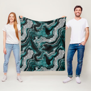 Elegant Teal and Silver Glitter Agate Pattern Fleece Blanket