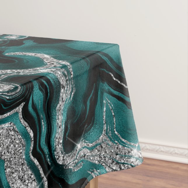 Elegant Teal and Silver Glitter Agate Pattern Tablecloth (In Situ)