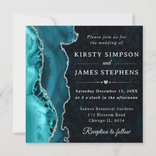 Elegant Teal and Silver Glitter Agate Wedding Invitation