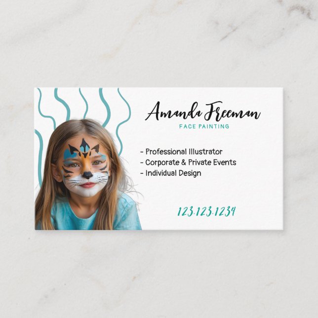 Elegant Teal and White Face Painter Business Card (Front)