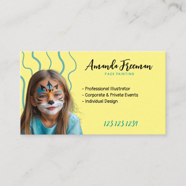 Elegant Teal and Yellow Face Painter Business Card (Front)