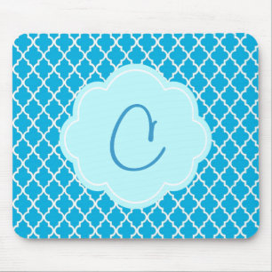 Elegant, teal, aqua blue quatrefoil monogram mouse mat