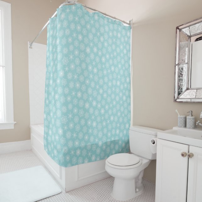 Elegant Teal Aqua Blue Snowflakes Shower Curtain (In Situ)