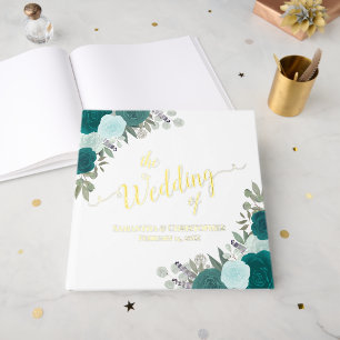 Elegant Teal & Aqua Boho Chic Roses Foil Wedding Guest Book