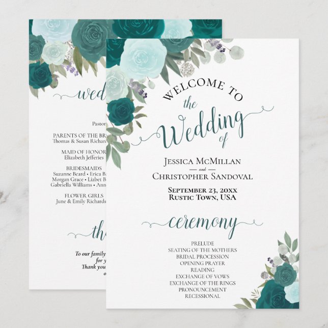 Elegant Teal & Aqua Boho Floral Wedding Program Invitation (Front/Back)