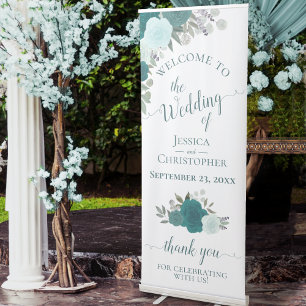 Elegant Teal & Aqua Boho Roses Wedding Welcome Retractable Banner